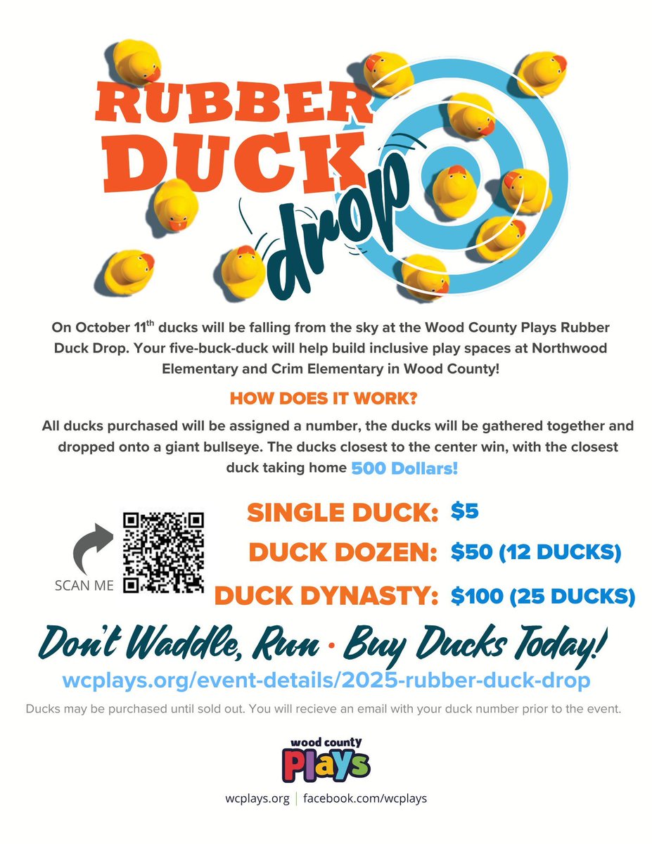 RangerRoundup's tweet photo. Have you purchased your ducks yet? There are still many, many ducks up for purchase. Let's make it rain ducks during the Fall Festival! Remember, all proceeds will go to adding inclusive playground equipment that all Rangers will be able to enjoy! #WeAreNorthwood https://t.co/X2Ig9UAn76