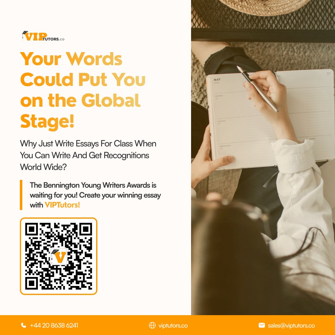 VIPTutorsCo's tweet image. ✍️ Your words could earn global recognition! Enter the Bennington Young Writers Awards 2025 and compete for cash prizes &amp;amp; scholarships up to $60,000. Submit by Nov 1. Start your winning essay with VIPTutors! #BenningtonYoungWriters #WritingCompetition #EssayContest