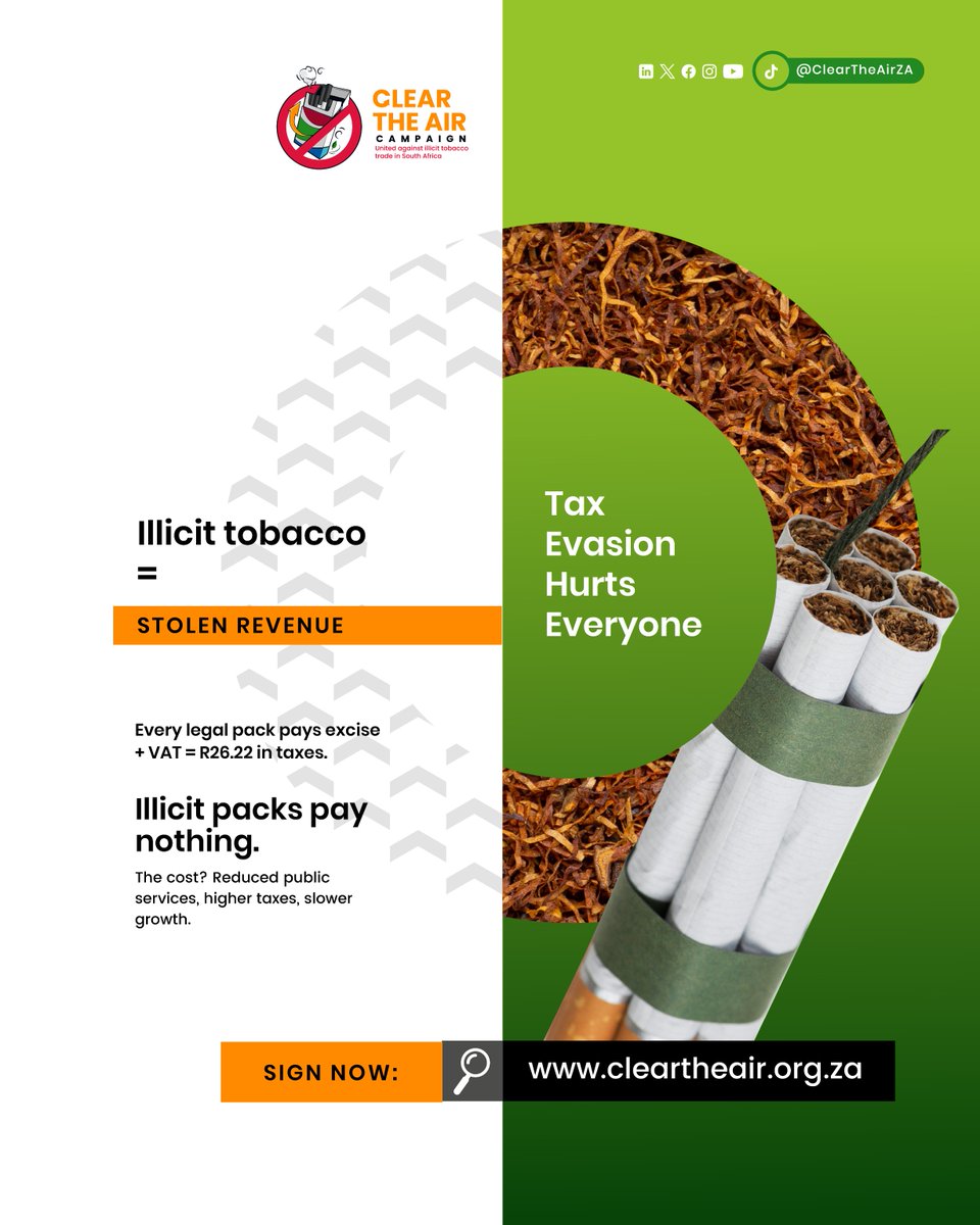 ✅ Take action today: Sign the petition to help end the illicit tobacco trade and support a fair, lawful market.
cleartheair.org.za/petition/end-i…

Every cigarette sold illegally represents stolen revenue that could have supported local communities. Tackling this issue is not only about