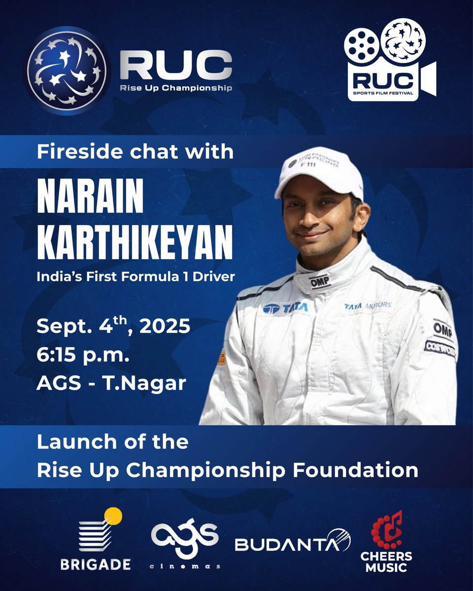 RUCfdn's tweet photo. Fireside chat with India's 1st F1 driver Narain Karthikeyan! 🚀 Sept 4, 6:15 PM @ AGS T.Nagar. Launch of Rise Up Championship Foundation 🌟 

#RUC #TimeToRise #RUCSFF #Chennai #NarainKarthikeyan #MotorsportIndia #ChennaiEvents https://t.co/0PI2Jeo3R9