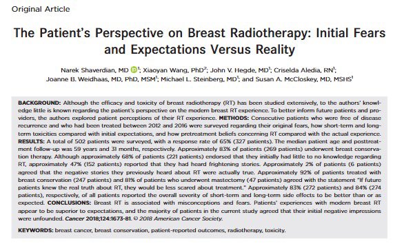 “If future patients knew the real truth about #radiation, they would be less scared about treatment.” 

[☝️92% of patients tx with breast conservation &amp; 81% who underwent mastectomy for #breastcancer agreed with this] #bcsm #radonc
 
☢️ <a href="/JournalCancer/">ACS Journal Cancer</a>:
acsjournals.onlinelibrary.wiley.com/doi/10.1002/cn…