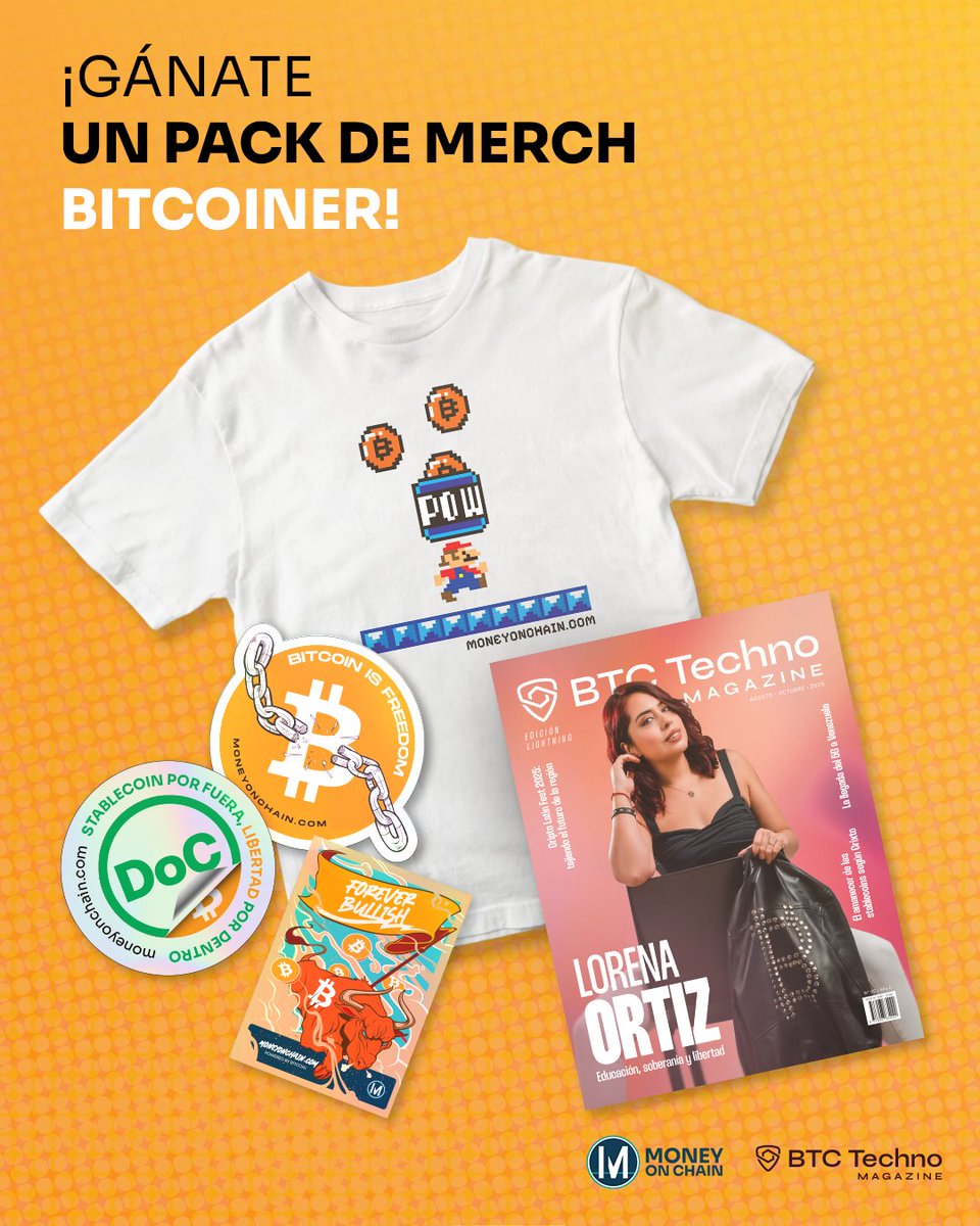 Gánate un pack de merch bitcoiner con #MoneyOnChain Y <a href="/btctechnomag/">BTC Techno Magazine</a> 😎

🔥Te llevas la nueva t-shirt de Mario bitcoiner
🔥Pack de flamantes stickers
🔥 La última revista de <a href="/btctechnomag/">BTC Techno Magazine</a> edición Lightning

Para concursar solo debes:
🔸 Seguir a <a href="/moneyonchainES/">MoneyOnChain.com🔥🦡</a>  y <a href="/btctechnomag/">BTC Techno Magazine</a>