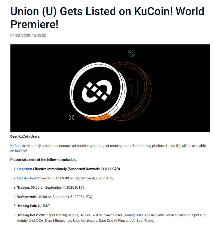 0xUzman's tweet photo. Union ( @union_build ) Soon ; 

Exchange : @kucoincom 
Spot ? : Spot ✅
When ? : 09:00 on September 4

Deposit : Active on ERC-20 ✅
Trading : 09:00 on September 4, 2025 (UTC)
Trading Pair: $U/USDT

When @Official_Upbit ? When High FDV High Mcap ? We are waiting you @Official_Upbit 🫂

zkgm