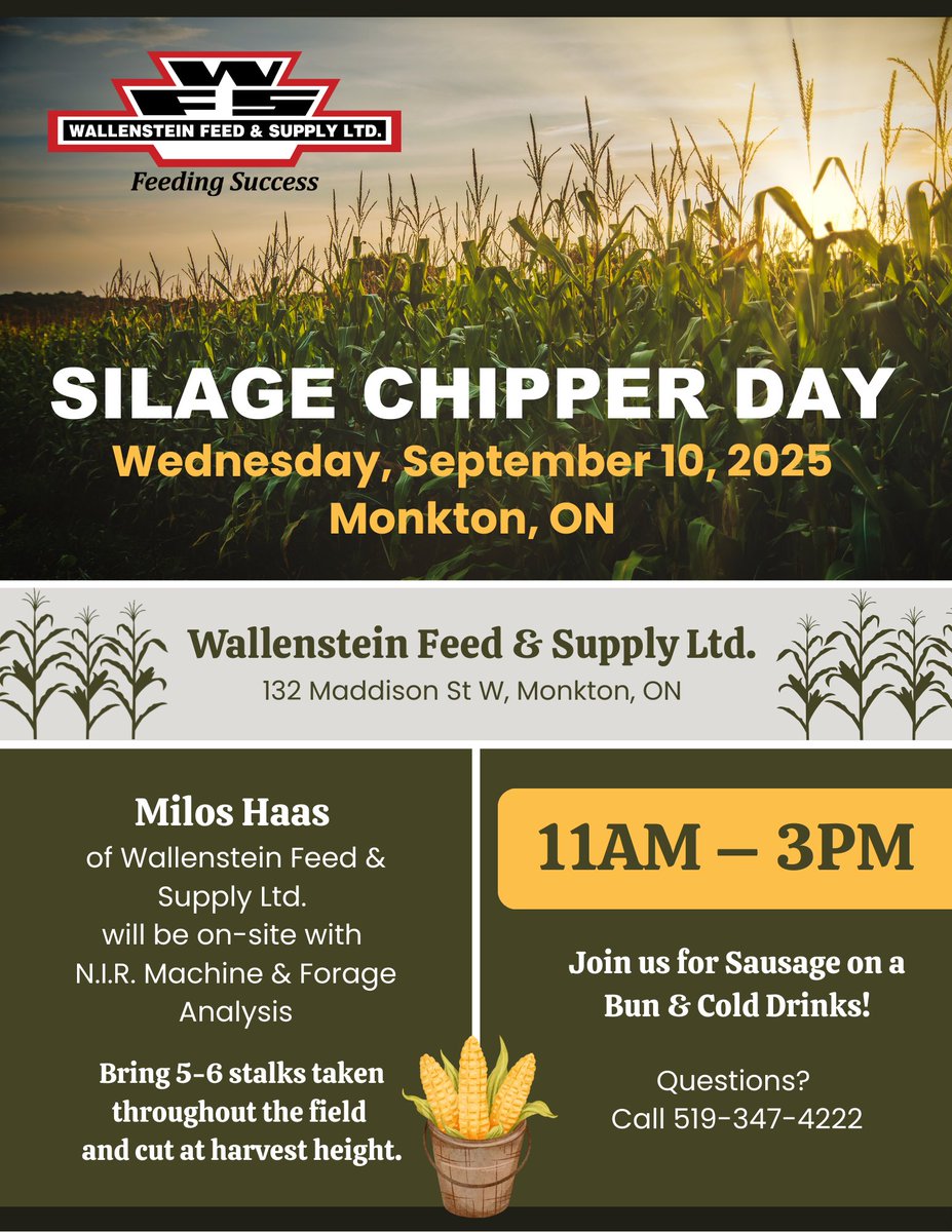🌽 Silage Chipper Day at WFS Monkton
Wed Sept 10 | 11AM–3PM Wallenstein Feed &amp; Supply Ltd., Monkton, ON Milos Haas will be on-site with our N.I.R. Machine for forage analysis. Bring 5–6 corn stalks (cut at harvest height). Join us for lunch!