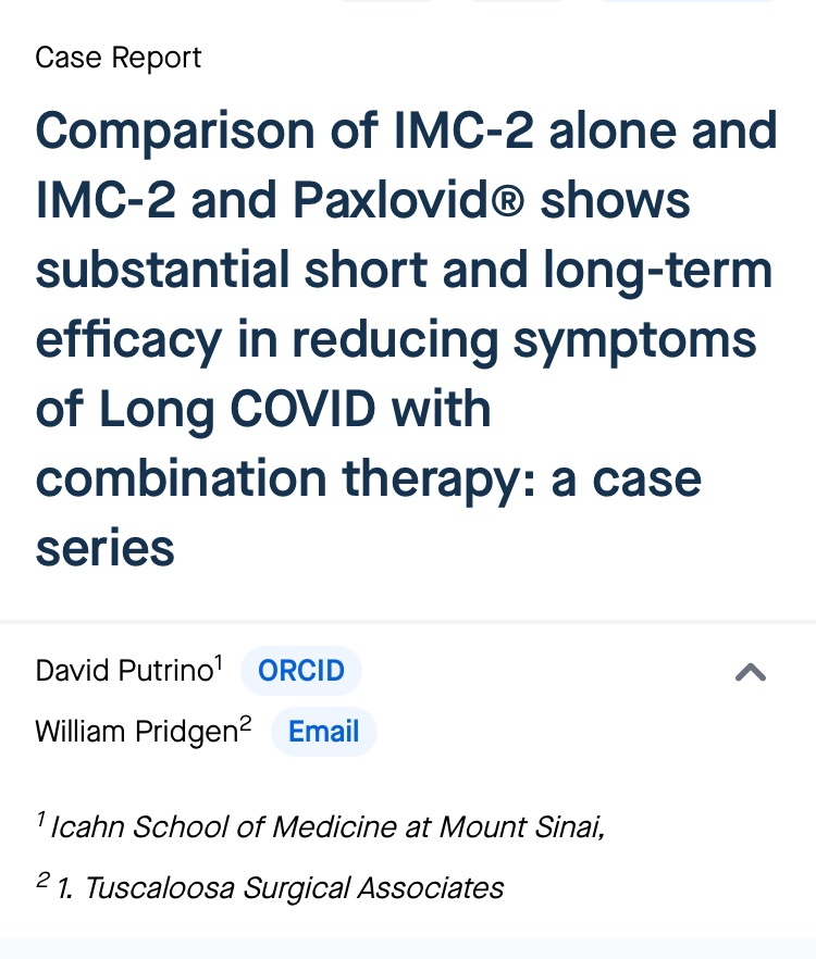 New #LongCOVID case study out!   

In this study, subjects were given a new drug called IMC-2, which is a combination of the herpesvirus antiviral drug valcyclovir and celexoxib, an anti-inflammatory which is believed to also have antiviral properties.

IMC-2 was successful in