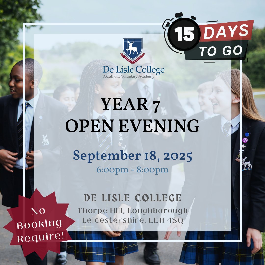 Countdown to Open Evening! 🥳
Just 15 days to go until our Open Evening on Thursday 18th September, 6–8pm.
All are welcome — no booking required. Come and discover what makes our school community so special!🌟
#delisle #RootedAndGroundedInLove #CatholicFaith #StudentLife