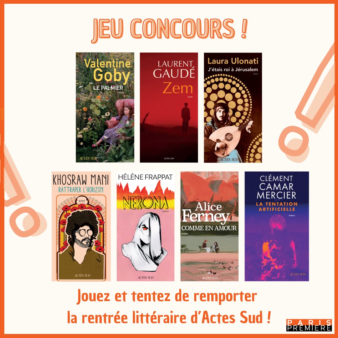 🌟JEU CONCOURS🌟
📚Tentez de gagner les livres de la rentrée littéraire d'<a href="/ActesSud/">Actes Sud</a> ! 
Pour jouer :
👉RT le post
👉FOLLOW <a href="/ParisPremiere/">Paris Première</a>
Bonne chance !🍀