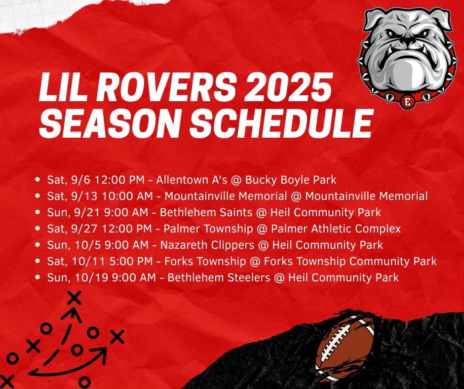 The Lil Rovers 2025 season is off and running! Here's the game schedule.
We hope to see you at all of our home games at Heil Park on South Side!
Get more team info here:
epyfl.org/team.asp?TeamI…