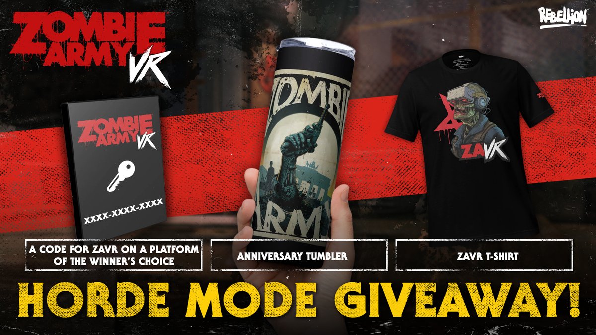 🚨Giveaway Time🚨

To celebrate the launch of Horde Mode on Zombie Army VR were giving away a Zombie Army Anniversary Tumbler, ZAVR Shirt and a copy of Zombie Army VR 🩸

Like, retweet, and follow us to enter!
Winner announced 10th Sep

Shop Zombie Army: reb.to/ShopZA