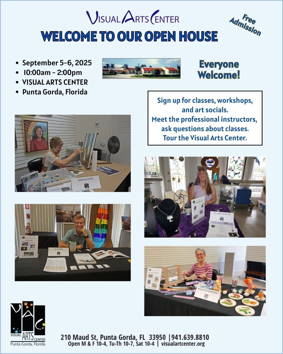 VisualArtsPG's tweet image. 🎨 You&apos;re Invited to join us for our Open House at the Visual Arts Center!
📅 Sept 5–6 | 📍 Punta Gorda, FL
👉 buff.ly/0gq1uiE

Tour the center, meet instructors, sign up for fall classes &amp;amp; art socials! Free &amp;amp; open to all.

#FallArtClasses #VisualArtsCenter