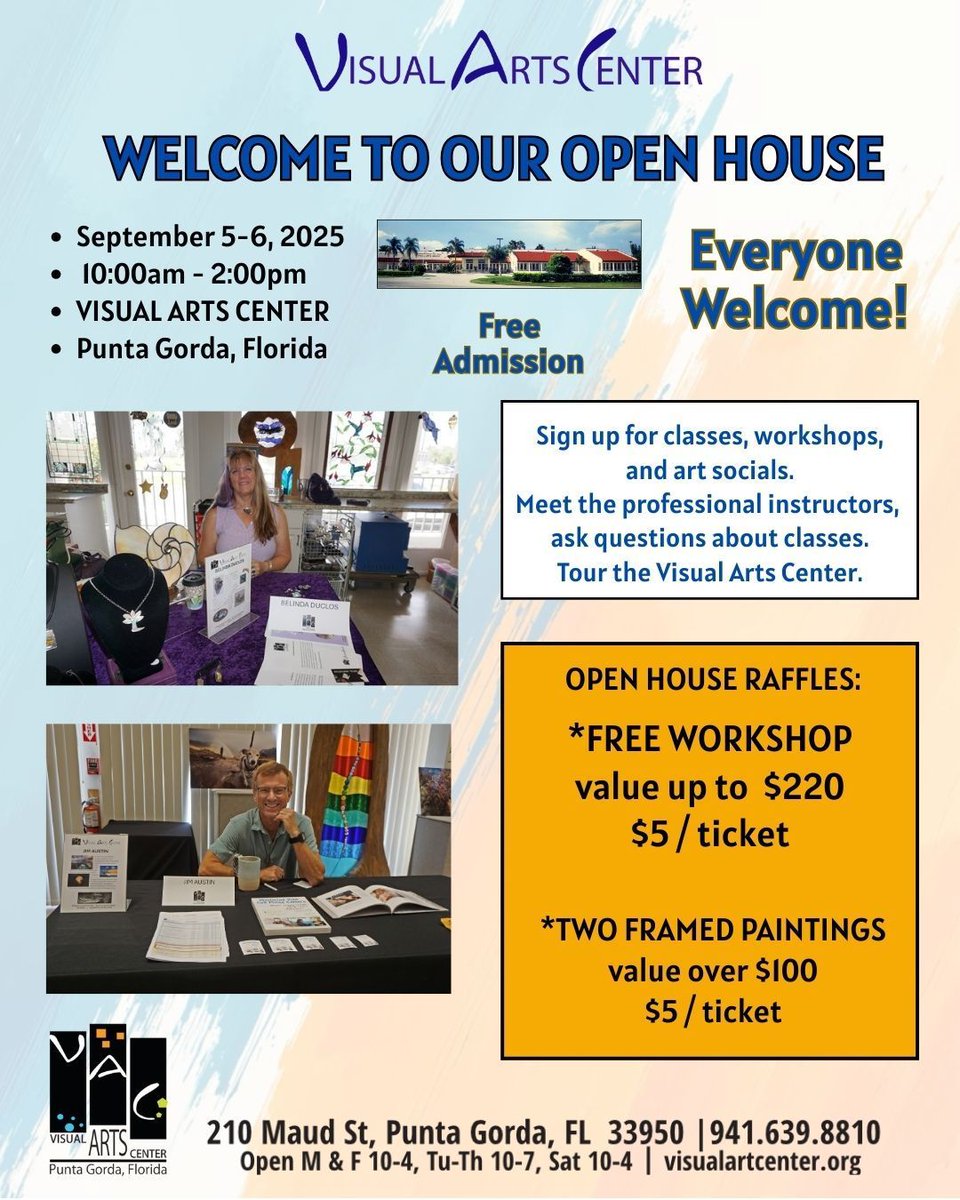 VisualArtsPG's tweet image. 🎨 You&apos;re Invited to join us for our Open House at the Visual Arts Center!
📅 Sept 5–6 | 📍 Punta Gorda, FL
👉 buff.ly/0gq1uiE

Tour the center, meet instructors, sign up for fall classes &amp;amp; art socials! Free &amp;amp; open to all.

#FallArtClasses #VisualArtsCenter