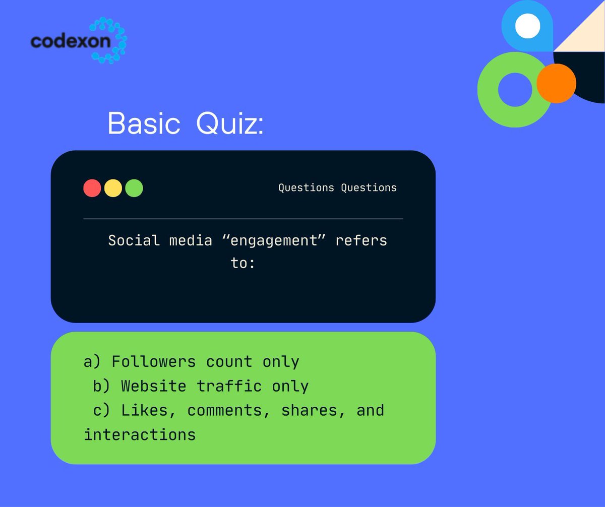 Codexon_tech's tweet image. Engagement isn’t just about followers—it’s about real interactions.
Quiz: What does social media “engagement” mean? 🤔

#SocialMediaQuiz #DigitalMarketing #EngagementRate #SocialMediaGrowth #MarketingTips #SMM #SocialMediaStrategy  #codexon