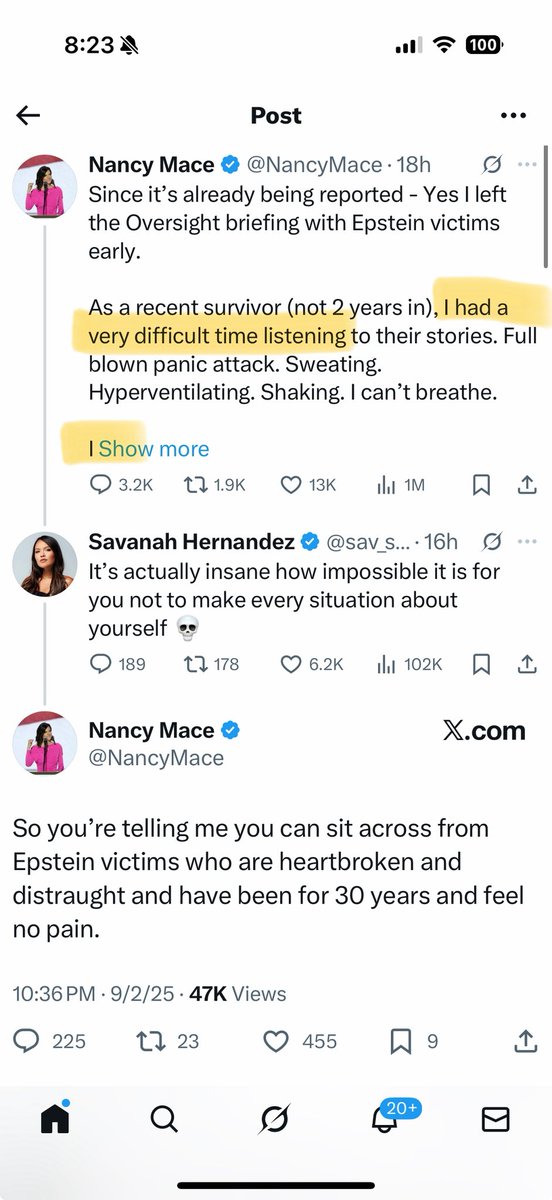 Savanah Hernandez (@sav_says_) on Twitter photo Dear <a href="/NancyMace/">Nancy Mace</a> it’s time to stop making every situation about yourself.
Yesterday’s meeting with the Epstein victims wasn’t about you and your incessant need to make every last serious situation about yourself needs to end.
The people are tired of your antics. Dear <a href="/NancyMace/">Nancy Mace</a> it’s time to stop making every situation about yourself.
Yesterday’s meeting with the Epstein victims wasn’t about you and your incessant need to make every last serious situation about yourself needs to end.
The people are tired of your antics.
