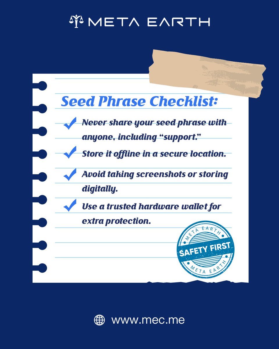 MetaEarth_ID's tweet image. 🔐#Crypto kamu hanya seaman #seedphrase milikmu

Satu kesalahan kecil seperti screenshot atau asal share bisa bikin semuanya hilang

Di #MetaEarth keamanan selalu jadi prioritas biar kamu bisa jelajahi #Web3 dengan tenang 🚀

Buat #MEID kamu sekarang 👉i.mec.me/?c=hvp9rxbb