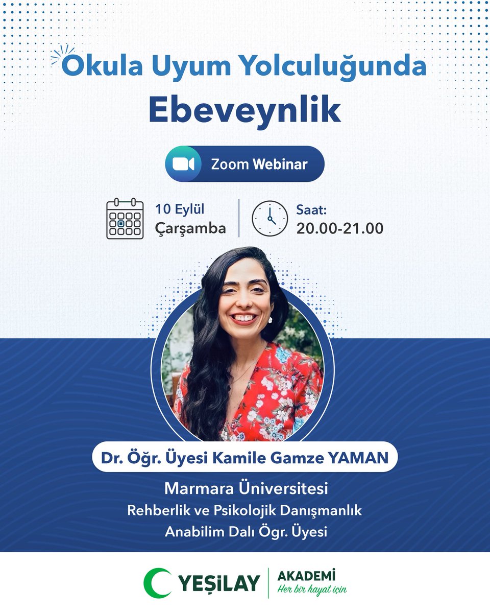 Çocuklar tatil sonrası okula nasıl uyum sağlayacak?

Marmara Üniversitesi Öğretim Üyesi Dr. Kamile Gamze Yaman'ın katılımıyla gerçekleşecek bu webinarda;
🔹 Çocukların sosyal ortamlara uyum sağlamaları
🔹 Okul içi ve dışı stresle başa çıkma yöntemleri ele alınacak.