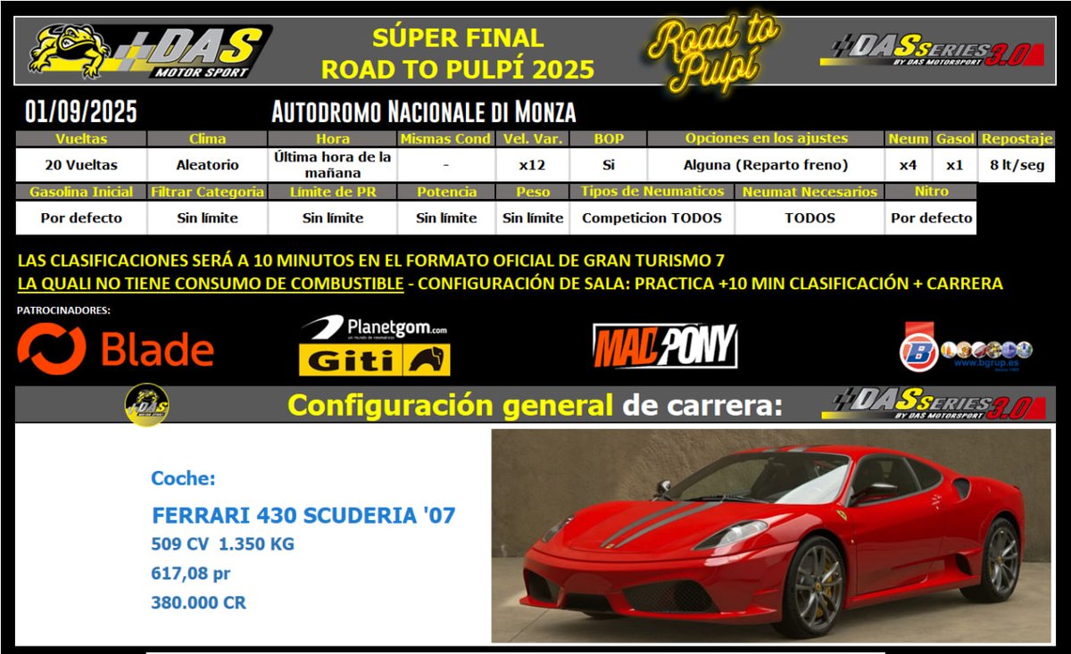 DAS Motorsport | #beDAS (@motorsportdas) on Twitter photo ¡Llega la gran final!
Hoy 14 pilotos de las DAS Series se juegan se el elegido para representar a las #DASSeries en la final indiviudal del #GTPulpí
¿Quien serále vencedor? Esta noche en directo a partir de las 21:45 ¡Llega la gran final!
Hoy 14 pilotos de las DAS Series se juegan se el elegido para representar a las #DASSeries en la final indiviudal del #GTPulpí
¿Quien serále vencedor? Esta noche en directo a partir de las 21:45