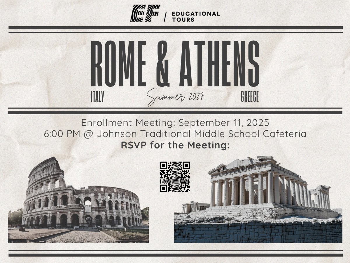 Calling all Jaguar students and families! If you are interested in traveling to ITALY and GREECE, the informational and registration meeting will take place on September 11th at 6:00 PM in the cafeteria. Please RSVP for this meeting by visiting: rsvp.eftours.com/vxb535d 🇮🇹🇬🇷