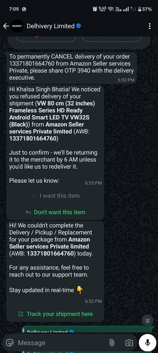 NavjotSing5555's tweet photo. @help_delhivery @delhivery  WTF services your team is providing.
The delivery executive haven't called me and how come he has cancelled the delevery without informing me , even I haven't provided the otp also. https://t.co/JWzVGVwBZf