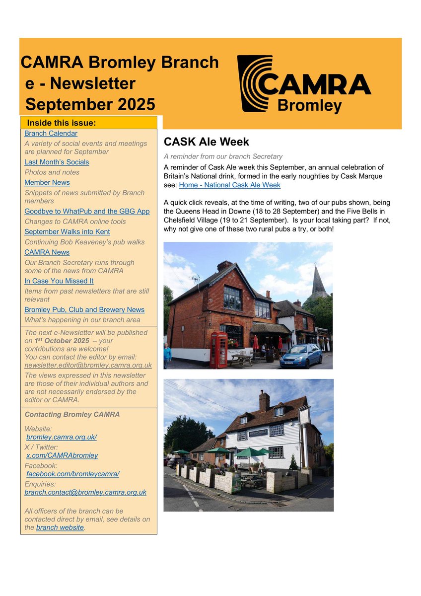 The September edition of our branch e-newsletter is now online! This month we have details on how Bromley pubs will be celebrating Cask Ale Week, local and national CAMRA news, local pub and club news and more! Read it here: bromley.camra.org.uk/wp-content/upl…