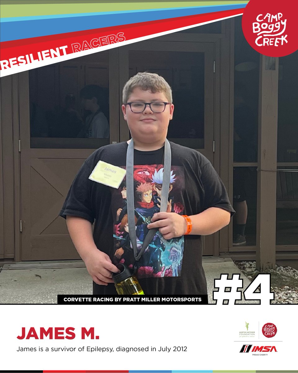 IMSA's tweet photo. This month, we will be celebrating the strength & courage of some amazing kids from @austinhatcherfo  & @campboggycreek who will have their names featured on IMSA WeatherTech SportsCar Championship race cars at Indianapolis Motor Speedway. 💛 Join us in supporting these Resilient Racers with a donation directly supporting kids like:

JJ W. | No. 3 Corvette Racing by Pratt Miller Motorsports  |  GTD PRO
James M. | No. 4 Corvette Racing by Pratt Miller Motorsports  |  GTD PRO
Christian  I. | No. 73 Pratt Miller Motorsports   |  LMP2

Link to donate can be found in our IG bio. Don’t forget to watch your donation in action during the TireRack .com Battle on the Bricks.

🟢: Sunday, September 21 | 11:40AM ET
📺: NBC (3:00PM ET) | Peacock
🌍: IMSA YouTube Live | IMSA .tv
📻: IMSA Radio

@PrattMillerMS