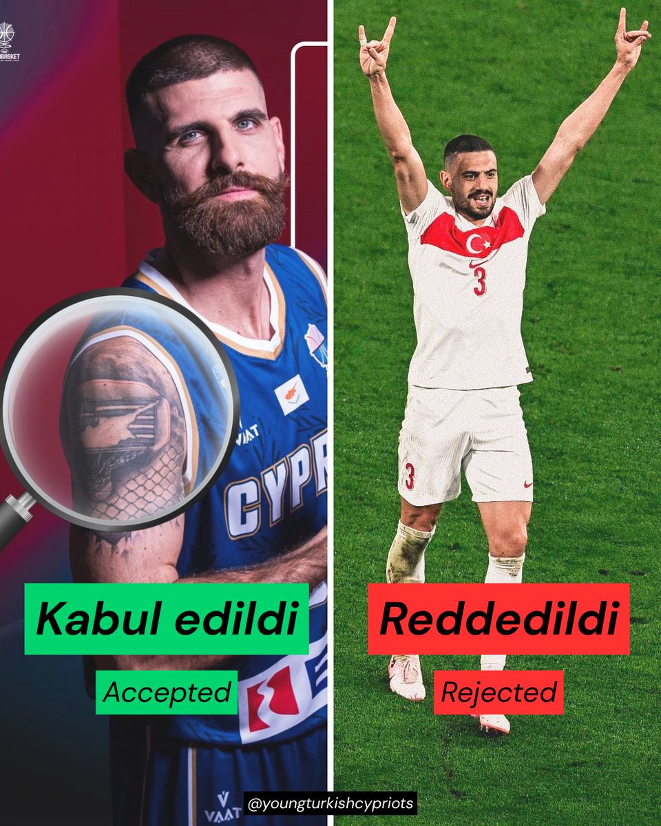 The hypocrisy could not be clearer.
Turkish player Merih Demiral was banned from Euro 2024 for making the Bozkurt (Grey Wolf) hand sign - a symbol of national pride.

Meanwhile, Greek Cypriot basketball player Nikos Stylianou competes freely with an Enosis flag tattoo on his arm