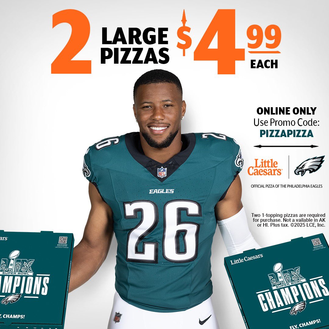 Fly Eagles Fly to <a href="/littlecaesars/">Little Caesars Pizza</a> for two 1-topping pizzas for the insane deal of $4.99 each! Online only 🍕🦅 

Plus, you can celebrate the Birds with Super Bowl 59 commemorative pizza boxes available for a limited time at participating stores 🏆🏈