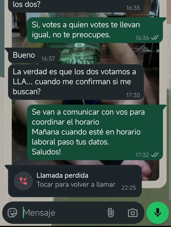 Che <a href="/Tomidiazcueto/">Tomas Diaz Cueto</a> podes dejar de hostigar a una trabajadora llamándola a su número personal q publicaste sin su consentimiento? Que pasó, No te salió la opereta barreta y querés ver si te puede decir algo q te sirva? Acá no vas a encontrar nada. Proba llamando a <a href="/KarinaMileiOk/">Karina Milei</a>