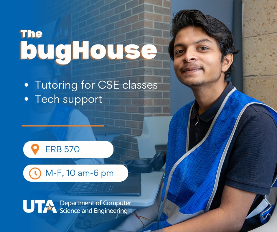 cseuta's tweet image. 🐞💻 Stuck on code? Tech won’t cooperate? Come to the bugHouse!
Get help with programming, debugging, dev tools &amp;amp; more — no appointment needed.
📍 Mon–Fri 10AM–6PM
💻 Tech Support: Tues 10–1, Thurs 2–5
More info 👉 uta.edu/academics/scho…
