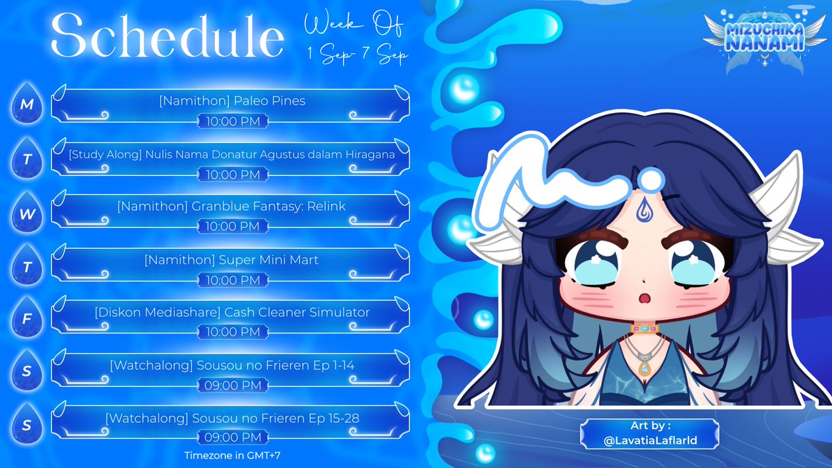 【SCHEDULE】

Schedule utk tanggal 1-7 September 2025!
Ada Nobar Frieren Hari Sabtu &amp; Minggu nanti ya!
Yang mau join, bisa lgsg join server DC!

P.S : Jadwal bisa berubah / batal apabila Nami ada keperluan lain ya~

See you in next stream~ :wink:

Youtube:
youtube.com/@MizuchikaNana…