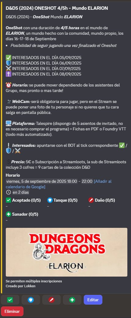 Quieres jugar un OneShot de D&amp;D5 (2024), la nueva edición, de 5h con posibilidad de seguir jugando luego?
Esta es tu oportunidad para entrar en el mundo de ELARION.
- Mundo inventado con y para nuestra comunidad. Mundo Propio.
No lo pienses más... entra en
discord.gg/KSYyugHsM6