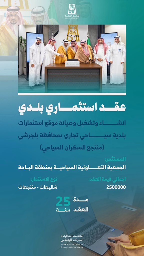 أطلق #أمين_منطقة_الباحة د. علي السواط، ورئيس الجمعية التعاونية السياحية الشيخ/ علي اللخمي وعضو مجلس الإدارة د. جمعان بن دادا.

مشروع إنشاء وتشغيل (منتجع السكران السياحي بمحافظة بلجرشي)، وذلك ضمن جهود الأمانة لتعزيز الإستثمار السياحي وتحقيق استدامة التنمية في المنطقة.
-