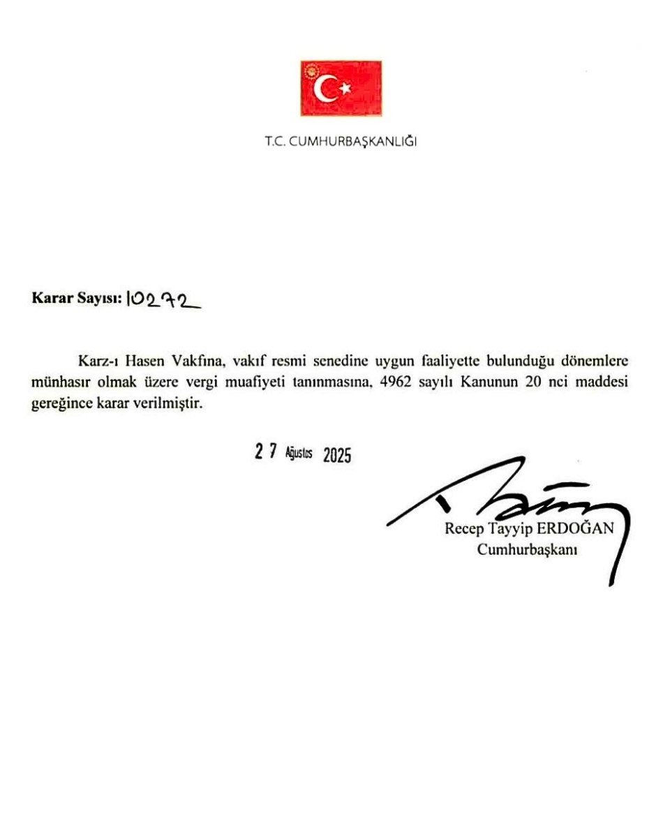 Halk ağır vergiler altında ezilirken vakıflara, cemaatlere ve tarikatlara kıyak işler devam ediyor. 

Bir vakıf daha AKP'li Erdoğan’ın imzasıyla (Karz-ı Hasen Vakfı) vergiden muaf tutuldu. 

Vergiden muaf tutulan vakıfların sayısı ise 340'ı buldu.