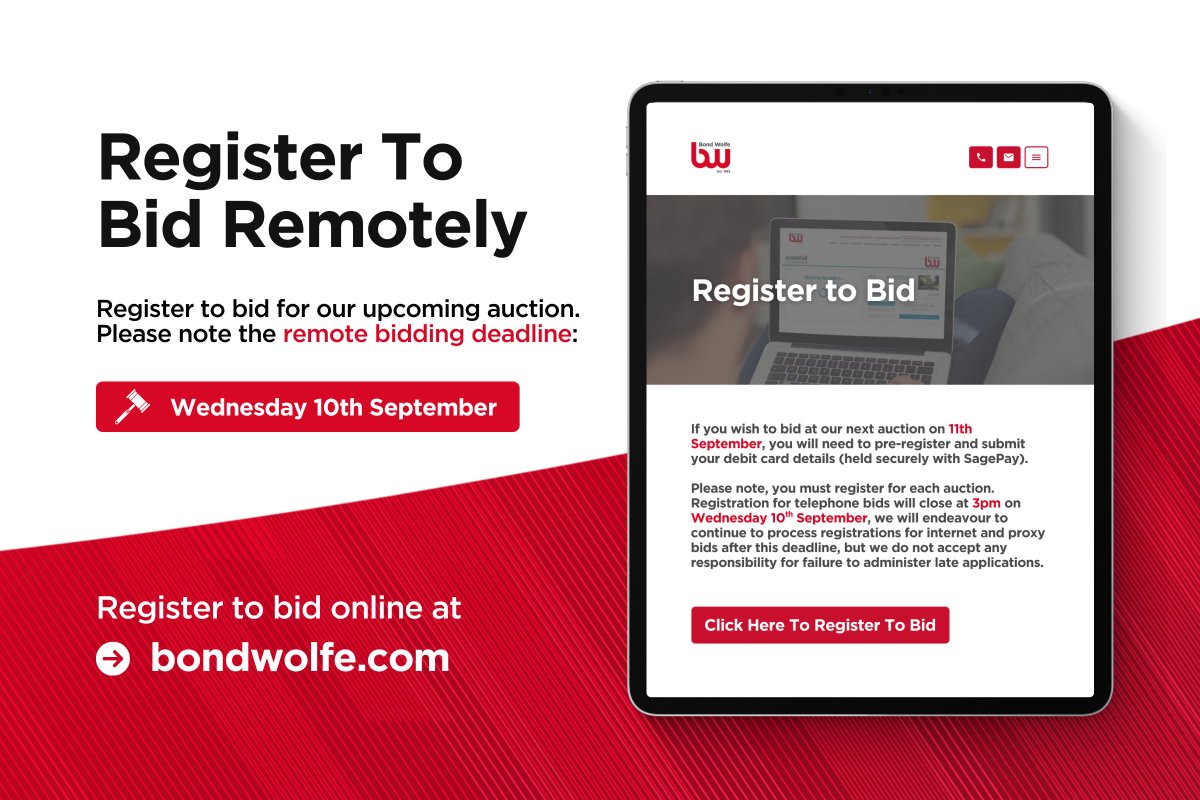 Register to bid remotely in our Thursday 11th September auction! 🏠💻

If you are interested in any of our upcoming auction lots, pre-registration is required. ✅

Register here ➡️ bit.ly/BWRemoteBidding