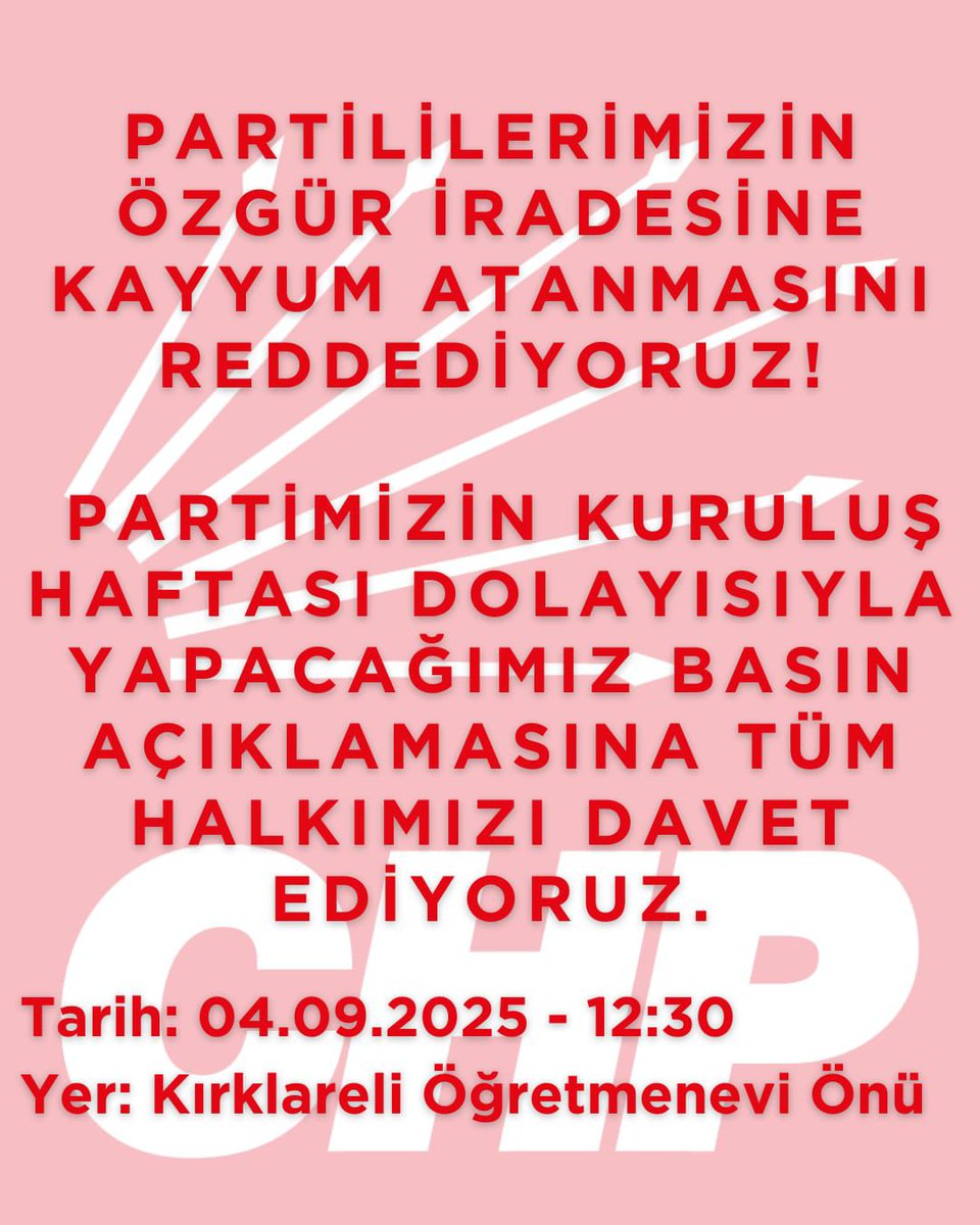 Partililerimizin Özgür iradesine kayyum atanmasını reddediyor; Partimizin Kuruluş Haftası dolayısıyla 4 Eylül 2025 Perşembe günü saat 12:30'da Kırklareli Öğretmenevi önünde yapacağımız basın açıklamasına tüm halkımızı davet ediyoruz.