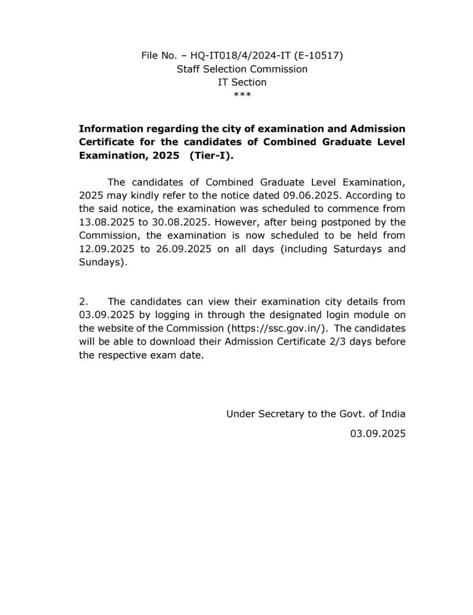 SSCorg_in's tweet image. Information regarding the city of examination and Admission Certificate for the candidates of Combined Graduate Level Examination, 2025 (Tier-I). The candidates of Combined.
#ssc #ssccgl #ssccgl2025