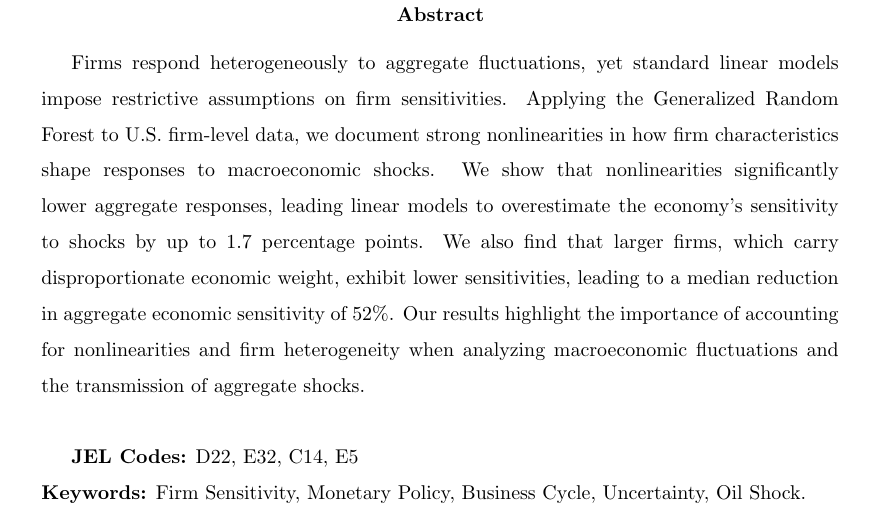 PesceSimone's tweet photo. Our paper (with Marco Errico and @luigi_pollio1) on how firms respond to aggregate shocks is out now as #ECB WP. By applying #ML tools, we uncover strong #nonlinearities and #heterogeneity that reshape how we think about business cycles and monetary policy.
#EconTwitter https://t.co/3W1la3vFbd