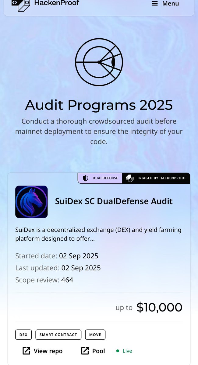 suidexHQ's tweet image. Our dual defense audit with @HackenProof is now open. 

Incredible support is coming in from the Sui community. 

hackenproof.com/audit-programs