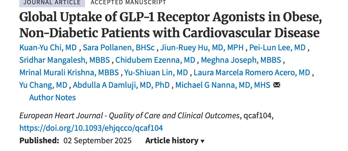 Abdulla A. Damluji, MD, PhD (@drdamluji) on Twitter photo Global Uptake of GLP-1 Receptor Agonists in Obese, Non-Diabetic Patients with Cardiovascular Disease: <a href="/ESC_Journals/">European Society of Cardiology Journals</a>
π₯ΈNew publication from our <a href="/heartwiselab/">HeartWise Lab</a> research group: <a href="/MichaelGNanna/">Michael Nanna</a>
π±Older adults use: 1.9% of semaglutide and 1.3% of tirzepatide - summary
πππ Global Uptake of GLP-1 Receptor Agonists in Obese, Non-Diabetic Patients with Cardiovascular Disease: <a href="/ESC_Journals/">European Society of Cardiology Journals</a>
π₯ΈNew publication from our <a href="/heartwiselab/">HeartWise Lab</a> research group: <a href="/MichaelGNanna/">Michael Nanna</a>
π±Older adults use: 1.9% of semaglutide and 1.3% of tirzepatide - summary
πππ