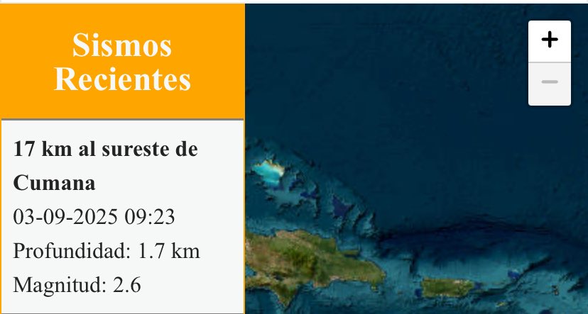 #3Sep | Funvisis confirmó que se registró un sismo de magnitud 2,6 en Cumaná, estado Sucre. 

Según detalló, el movimiento telúrico tuvo lugar 17 kilómetros al sureste de la capital sucrense y una profundidad de 1.7km.