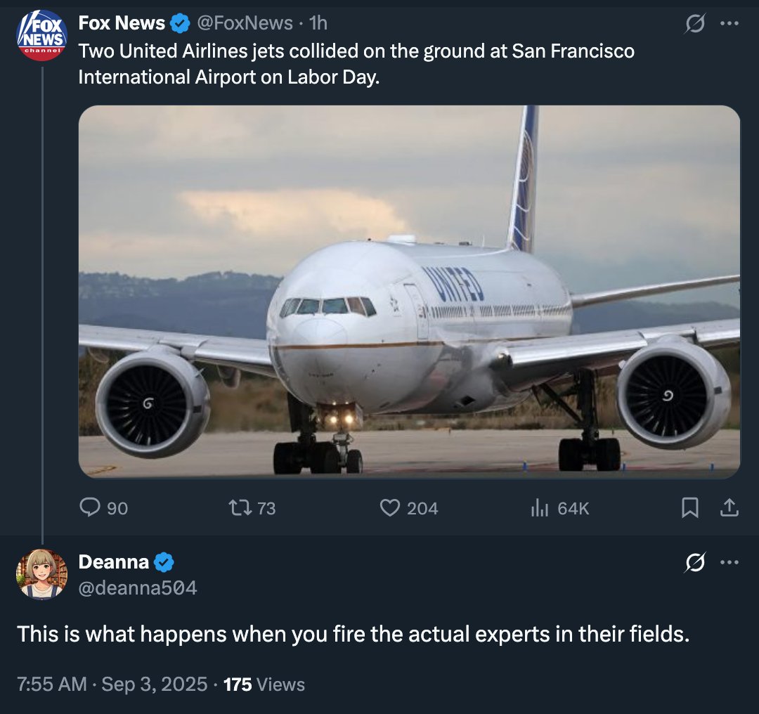 Little-known fact: No ramp worker has ever clipped another aircraft during pushback at the gate until Trump took office. 

It's a completely new phenomenon, obviously caused by a lack of "experts" in the federal government.