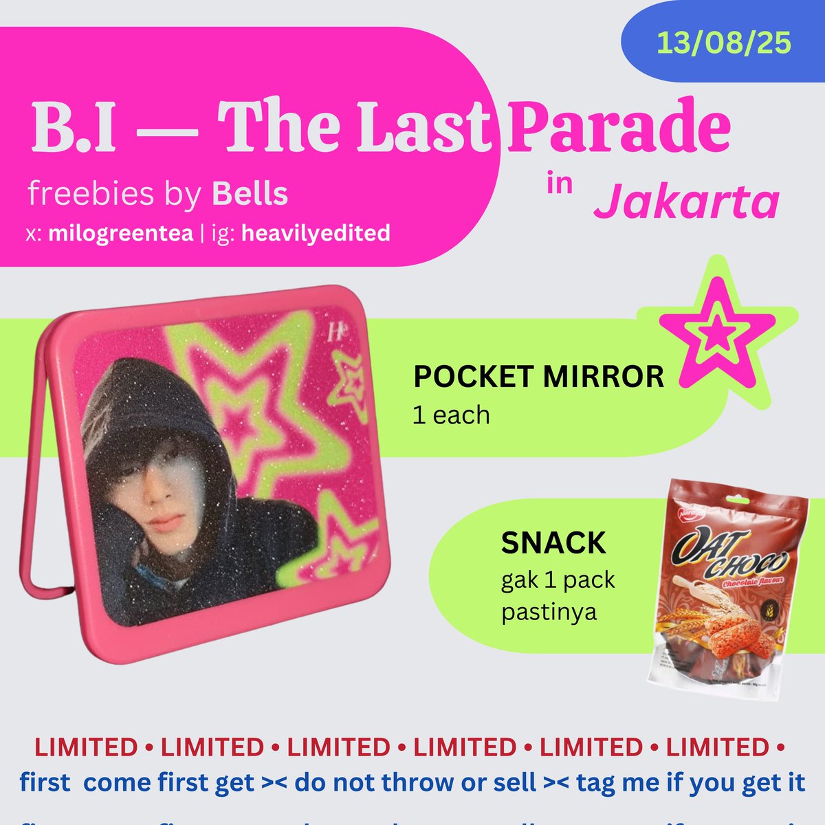 milogreentea's tweet image. ❃.✮:▹  freebies #TheLastParadeinJakarta

rt &amp;amp; likes are very appreciated!

only made 20ish jadi sangat limited. follow aku aja untuk update lokasi di d-day ✨

stay safe &amp;amp; healthy, see you IDs~

#BI #비아이 #TheLastParade #2025THELASTPARADETOURINJAKARTA #TheLastParadeInJKT