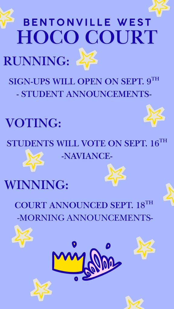 BWHS will celebrate Homecoming on Friday, October 24, but students can sign up or nominate others for Homecoming Court beginning next week. Students, keep an eye on Student Announcements for information. Voting will take place on Sept. 16, and court will be announced on Sept. 18.