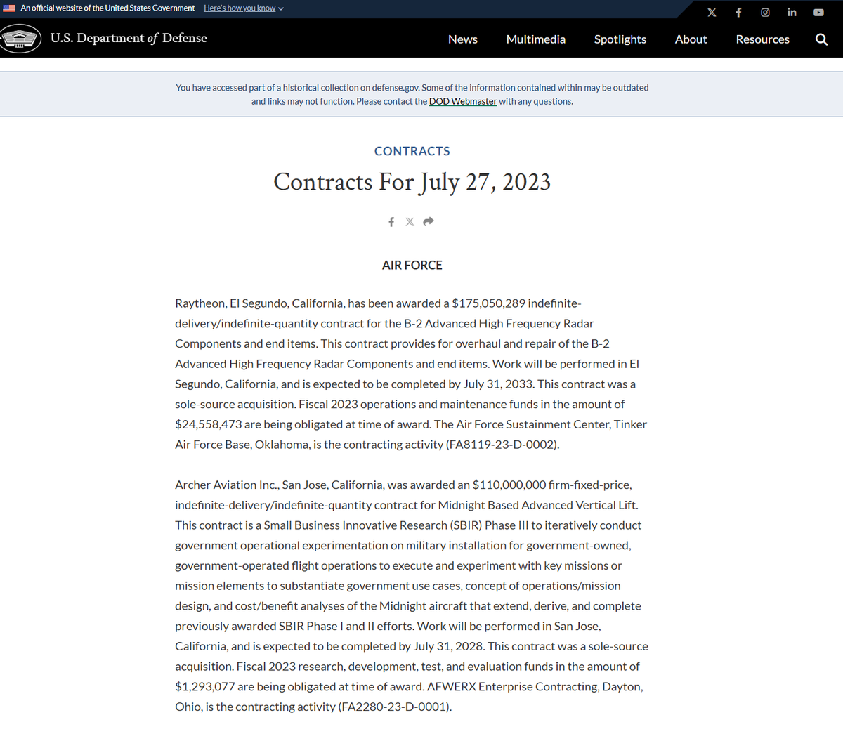 JobyWatchDog's tweet photo. Devil is in the details.  Read it again my friend, it is "up to".  Archer updated their website recently to fix that since the $142M you are showing is actually 2 contracts.  The IDIQ was for $110M but to date it shows $1.293M obligated. I go back to my marketing comment.