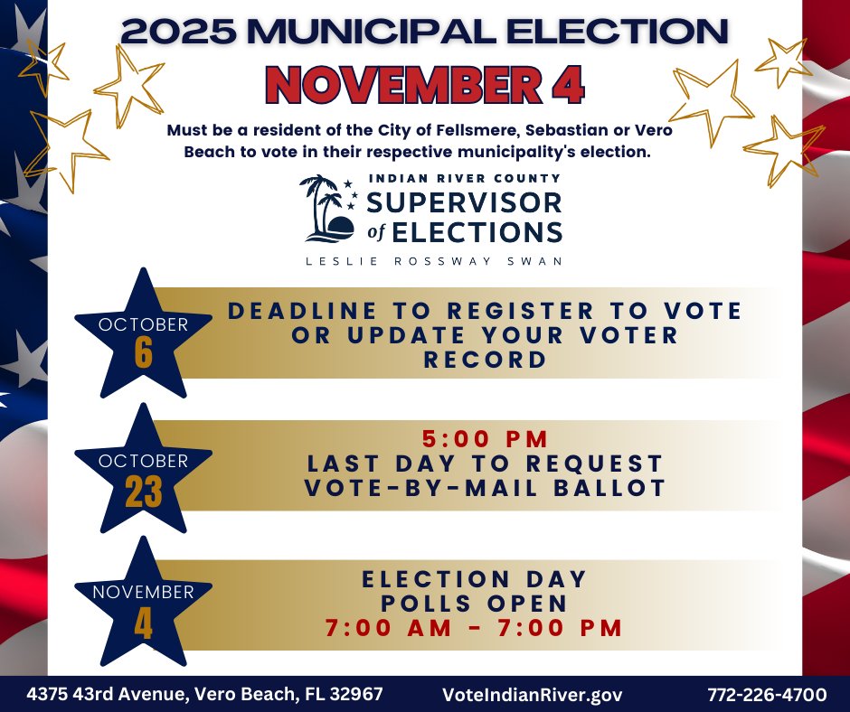 Do you live in the city limits of Fellsmere, Sebastian or Vero Beach? Be prepared for the upcoming 2025 Municipal Elections! Visit VoteIndianRiver.gov for more information!
