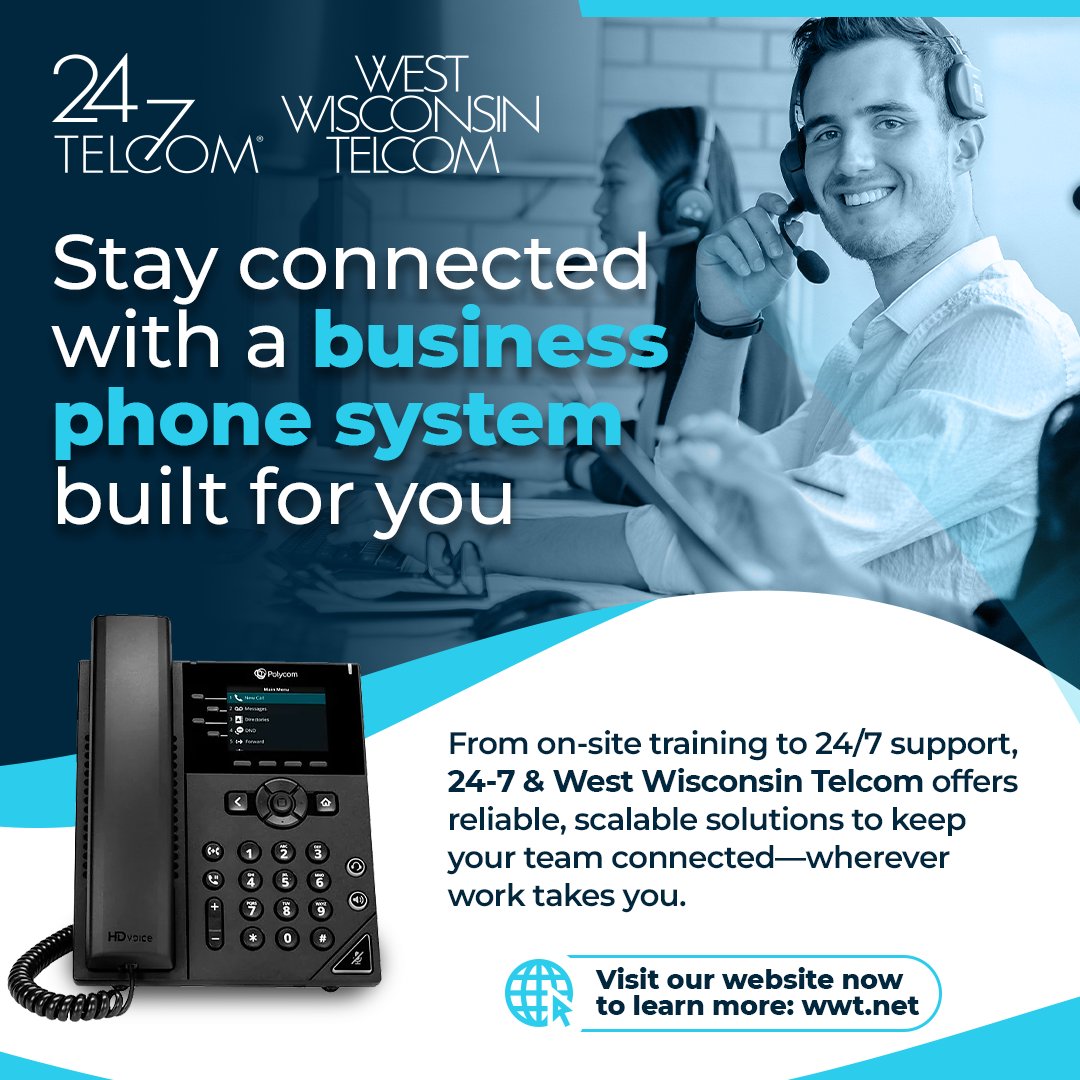 WWTC247Telcom's tweet image. At 24-7 &amp;amp; West Wisconsin Telcom, we offer feature-rich business phone systems designed to keep your team connected, efficient, and responsive—whether you&apos;re in the office or on the move.

Scalable, flexible, and built for how you do business. Learn more: hubs.li/Q03GCGdz0