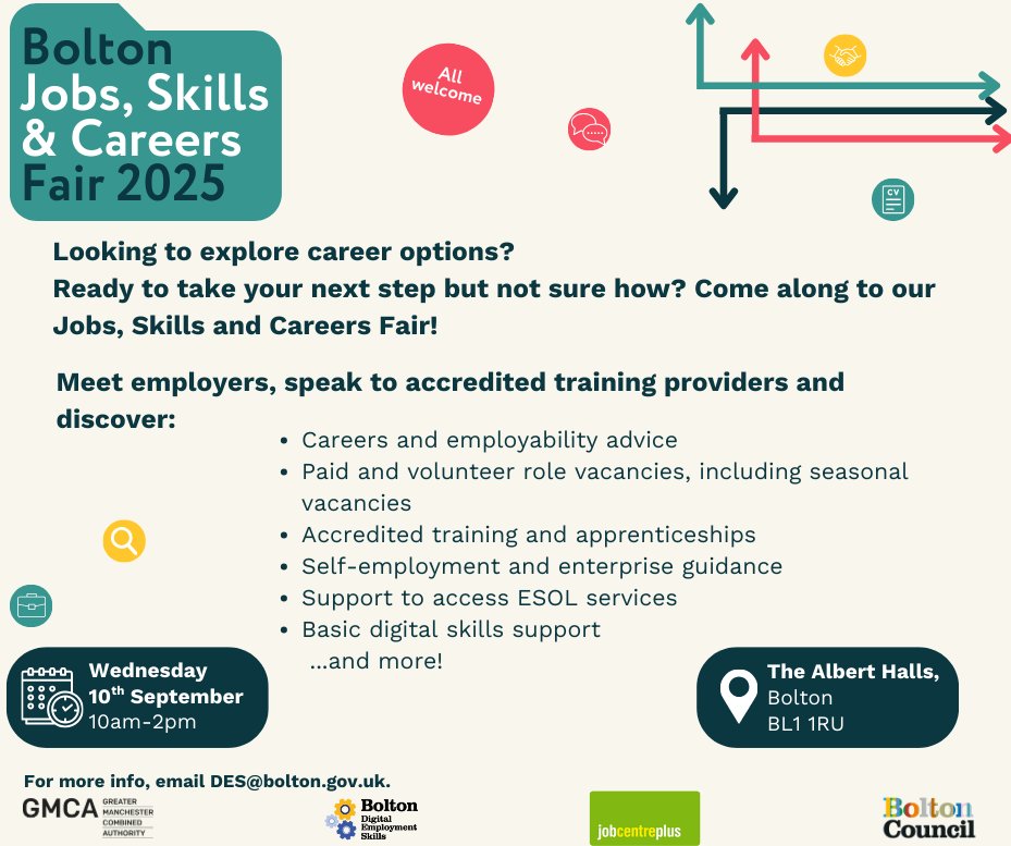 🎯 Looking to take the next step in your career?

Come along to the Bolton Jobs, Skills &amp; Careers Fair 2025!
📅 Wednesday 10th September
🕙 10am–2pm
📍 The Albert Halls, Bolton, BL1 1RU

All welcome!
📧 More info: DES@bolton.gov.uk