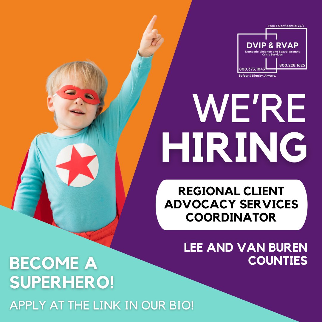 DVIP &amp; RVAP is hiring! We are seeking dedicated superheroes to fill the roles of Youth Services Coordinator and Regional Client Advocacy Services Coordinator for Lee and Van Buren Counties. Visit the link in our bio to learn more and apply.

#DVIPRVAP #Iowa #Hiring #Job #Apply