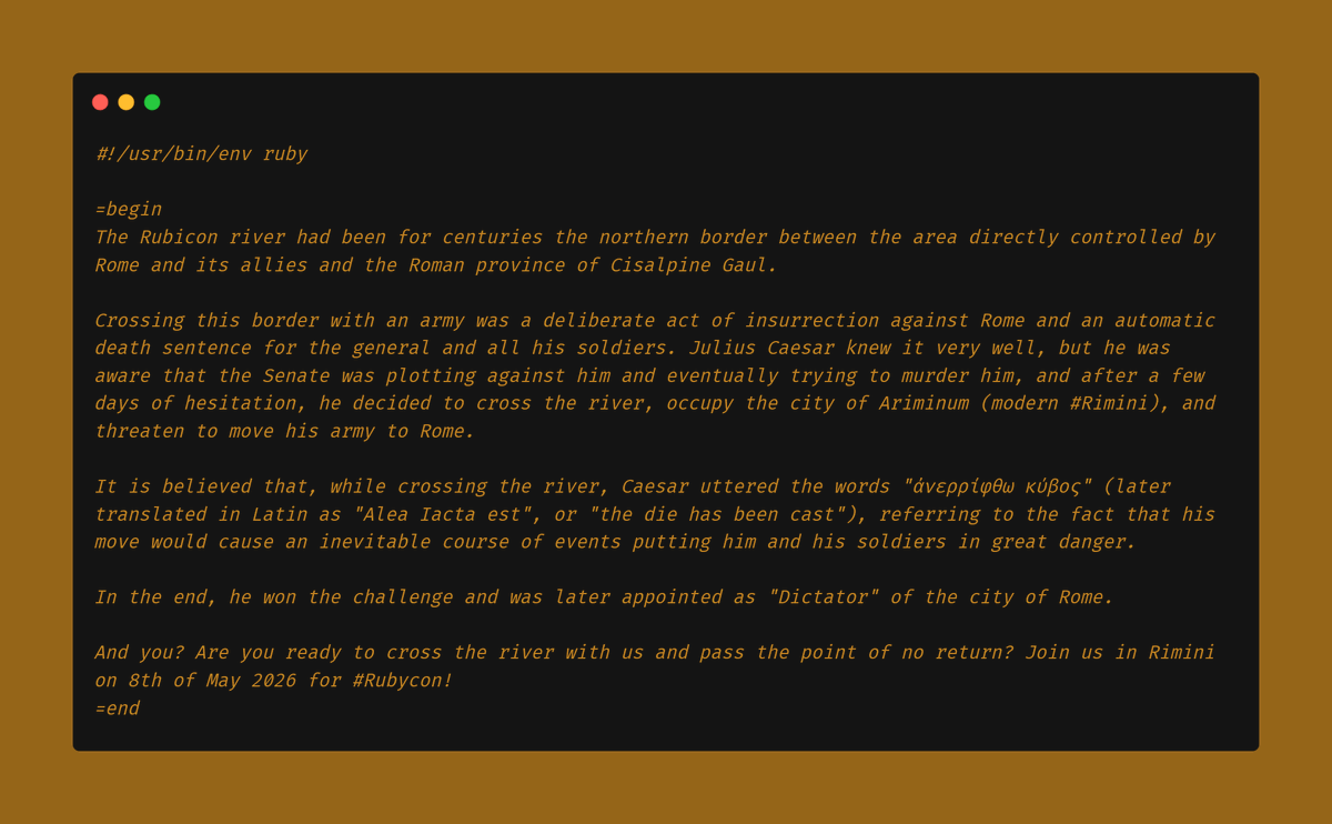 rubyconitaly's tweet image. #AleaIactaREST #rubycon2026 #history