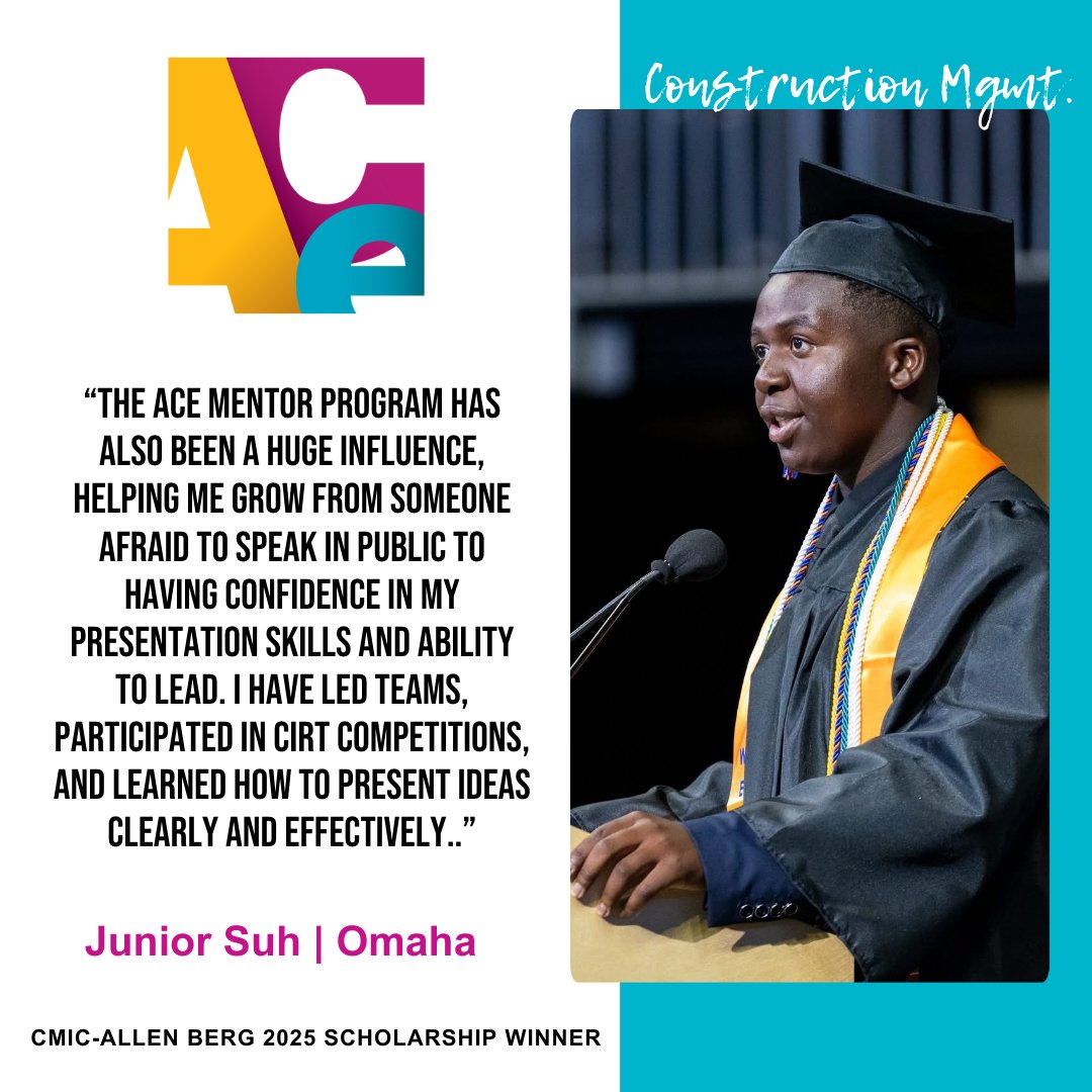 ACEMentor's tweet photo. Weβre happy to recognize Grishma Oomman (Houston), Junior Suh (Omaha), and Rafael Hodge (Charlotte) for their incredible achievements as part of the ACE Mentor Program and as 2025 CMIC Allen Berg Memorial National Scholarship winners! ππ #acementor #youthinspire https://t.co/WLFxpcg2Ei