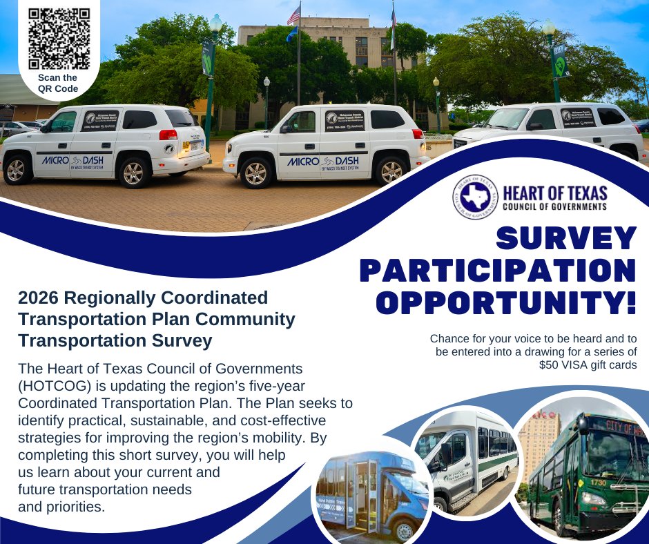 Waco Transit (@wacotransit) on Twitter photo Let’s build better transportation together! HOTCOG is updating the 2026 Coordinated Transportation Plan, and they need your input to identify solutions for our communities. #wacotransit #wacotx
Take the survey: loom.ly/Xe-kVOk Let’s build better transportation together! HOTCOG is updating the 2026 Coordinated Transportation Plan, and they need your input to identify solutions for our communities. #wacotransit #wacotx
Take the survey: loom.ly/Xe-kVOk